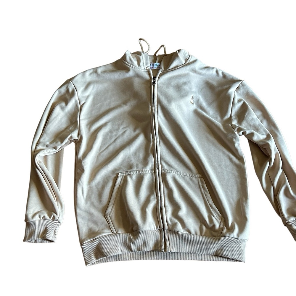 BNY Jeans Size XL Tan Full Zip Hoodie with Pockets, Embroidered Bunny
